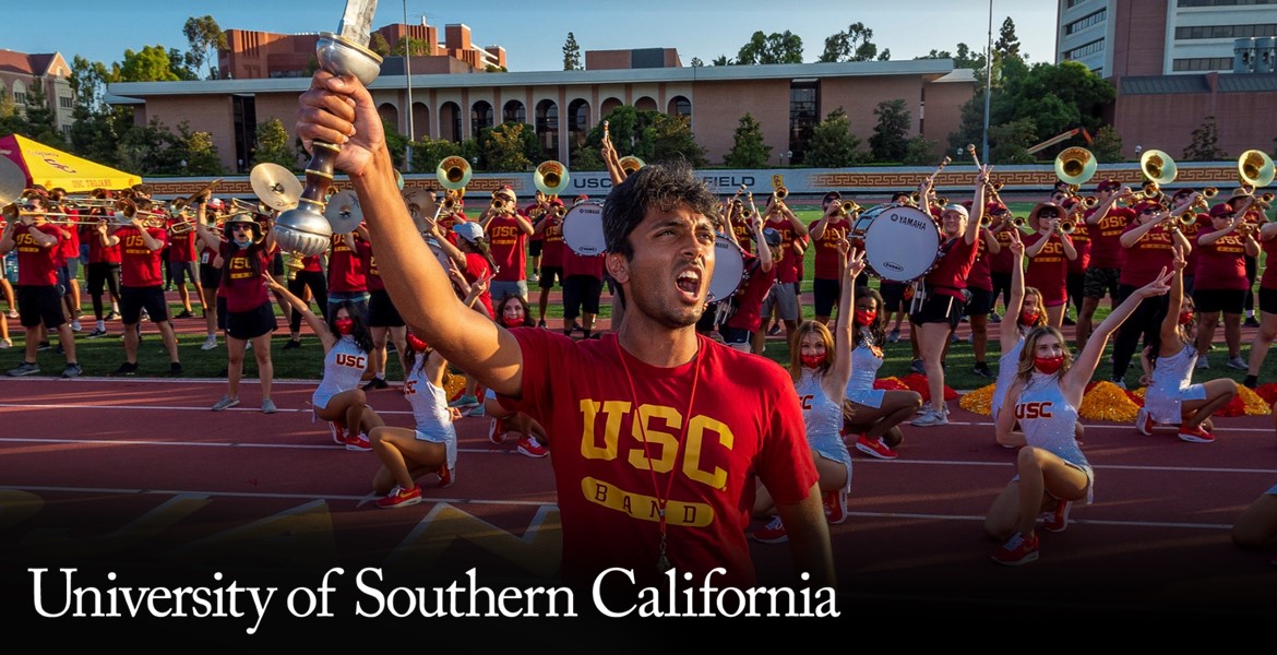 The Trojan Marching Band. Superimposed text reads: University of Southern California.